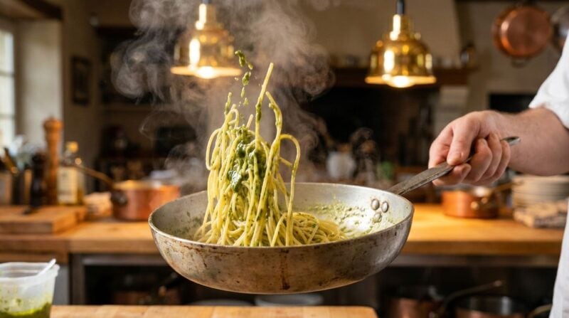 Vegane Pasta wird in einer Pfanne geschwenkt