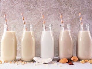 Verschiedene pflanzliche Milchsorten in Glasflaschen
