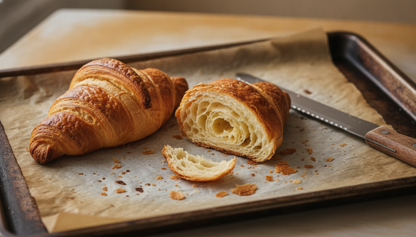 Zwei goldbraun aufgebackene Croissants auf einem Backblech, eines längs aufgeschnitten