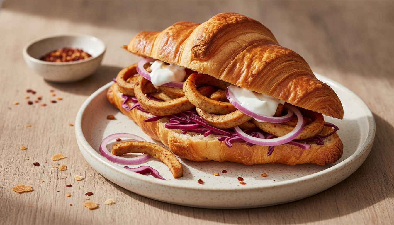 Aufgeschnittenes Croissant wird mit gebratenen Sojastreifen, Rotkohl, Zwiebelringen und Knoblauchsauce gefüllt
