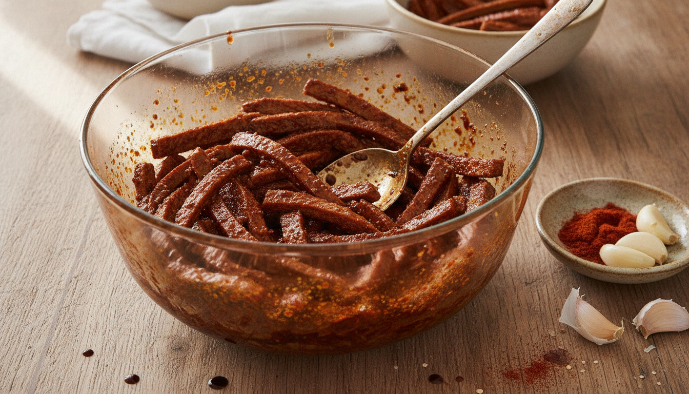 Eingeweichte Sojastreifen werden in einer Glasschüssel mit dunkelroter Paprika-Marinade vermengt