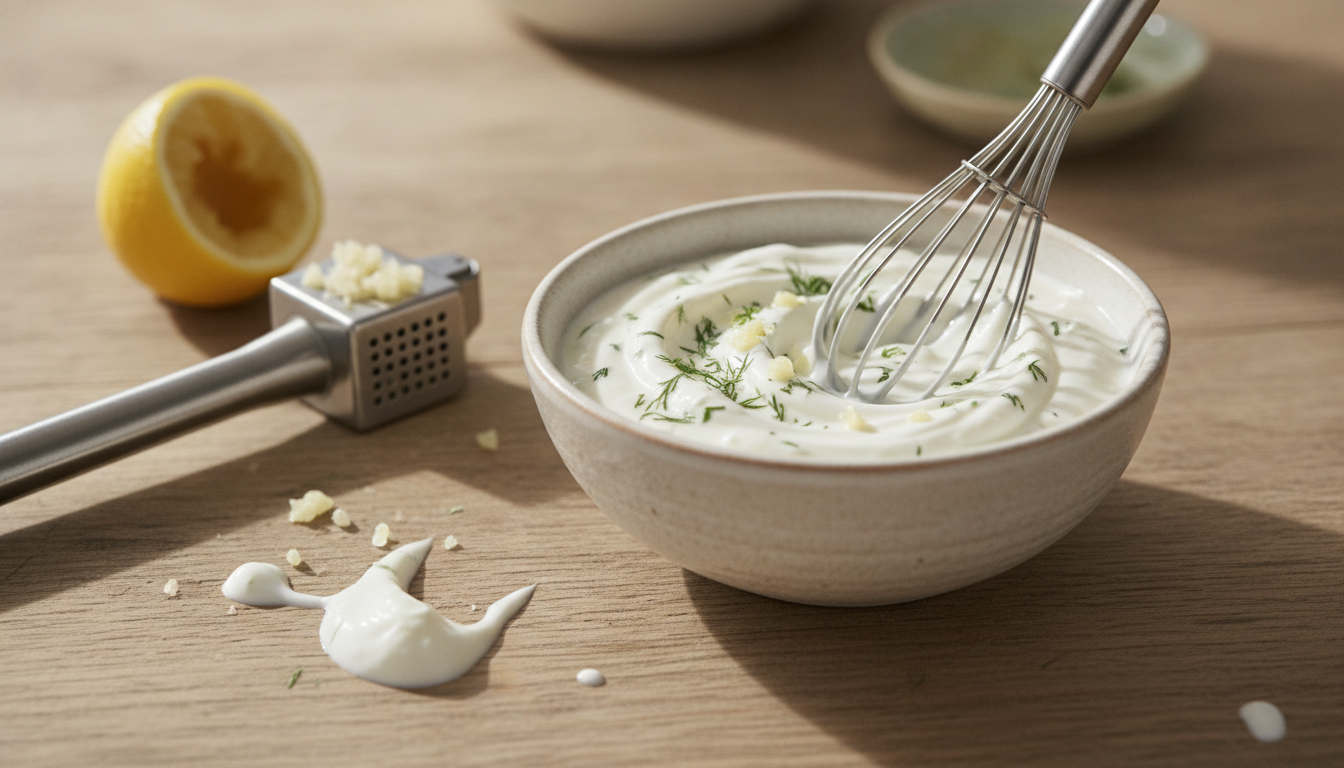 Weiße Knoblauch-Joghurtsauce aus Sojajoghurt wird in einer Keramikschale mit einem kleinen Schneebesen verrührt