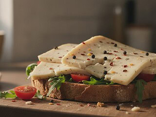 Pflanzliche Kaese-Scheiben mit sichtbaren Pfefferkoernern und Chili-Granulat auf einem Sandwich