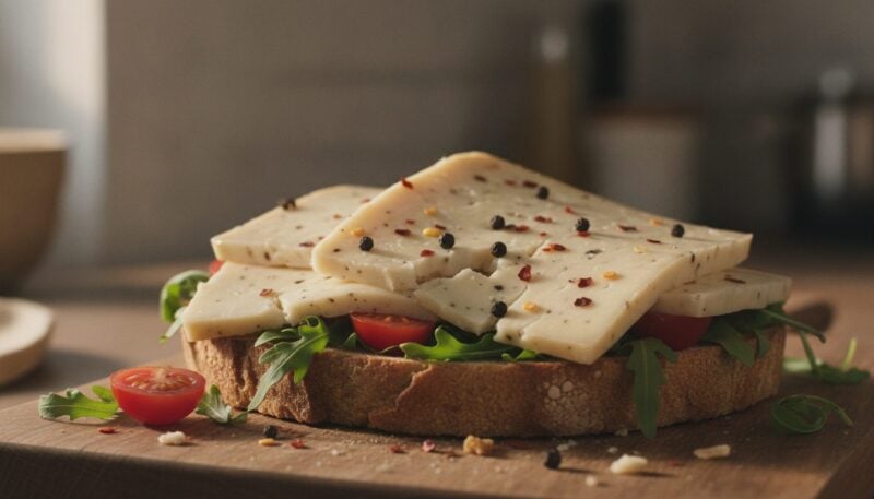 Pflanzliche Kaese-Scheiben mit sichtbaren Pfefferkoernern und Chili-Granulat auf einem Sandwich