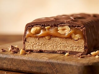 Aufgeschnittener Erdnuss-Karamell-Schokoriegel mit sichtbaren Schichten aus Nougat, Karamell und Erdnüssen