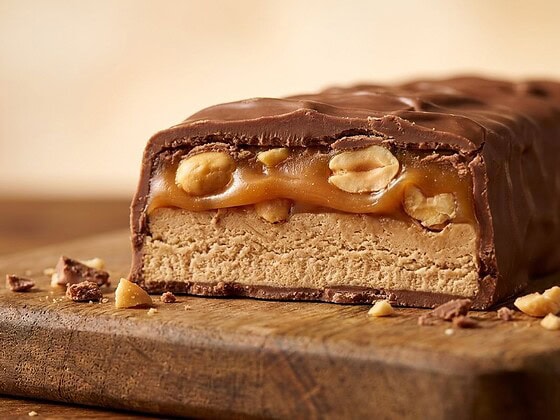 Aufgeschnittener Erdnuss-Karamell-Schokoriegel mit sichtbaren Schichten aus Nougat, Karamell und Erdnüssen