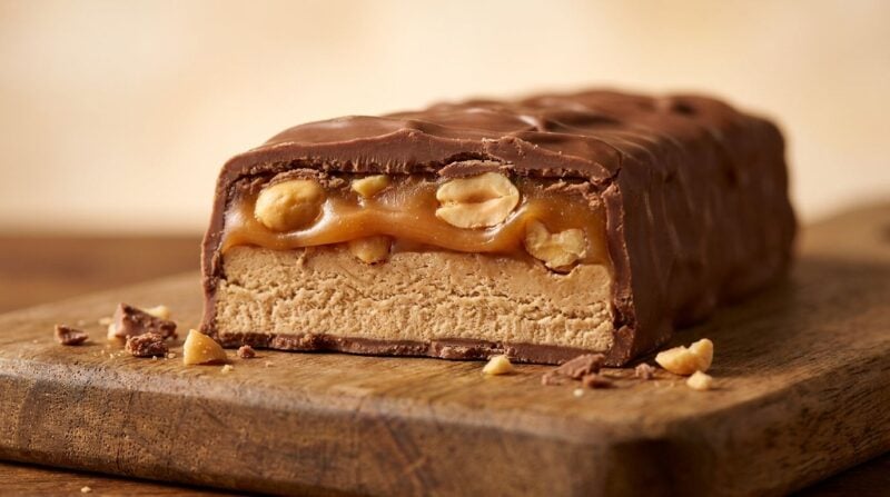 Aufgeschnittener Erdnuss-Karamell-Schokoriegel mit sichtbaren Schichten aus Nougat, Karamell und Erdnüssen