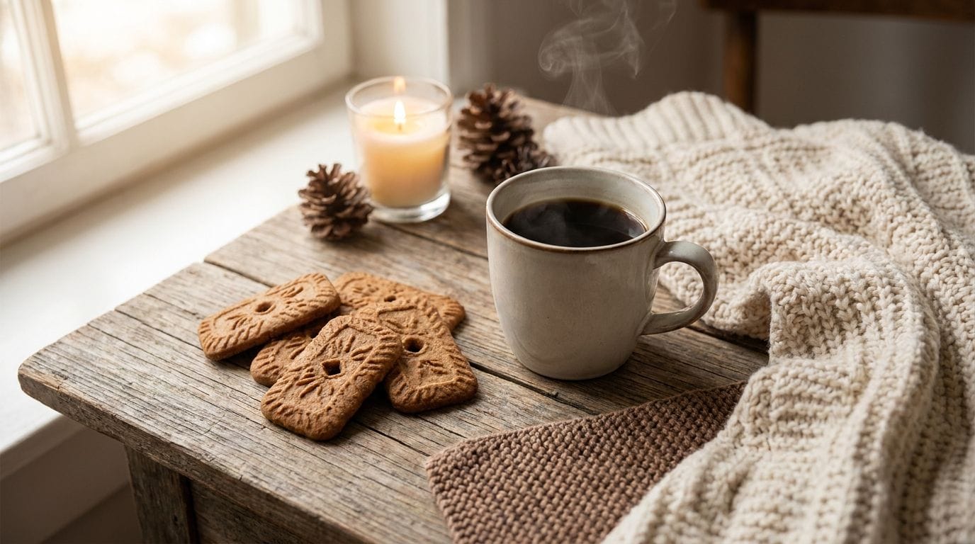 Vegane Spekulatius-Kekse neben einer Tasse Kaffee auf winterlich gedecktem Holztisch
