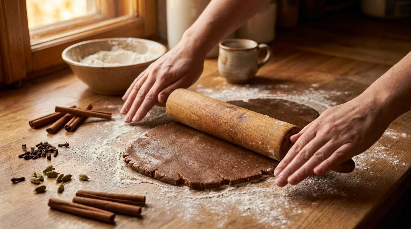Spekulatiusteig wird mit Nudelholz ausgerollt, umgeben von Zimt, Nelken und Kardamom