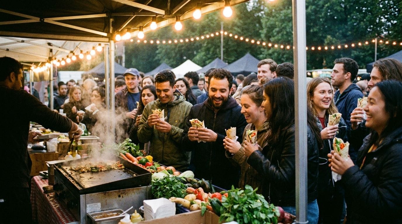 Streetfood-Stand mit Gemüse-Wraps vor abendlicher Menschenmenge auf einem Festival