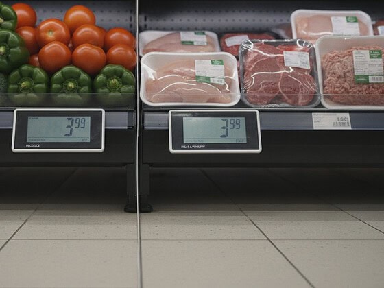 Preisschilder in einem Supermarkt, guenstiges Fleisch neben teurerem Gemuese