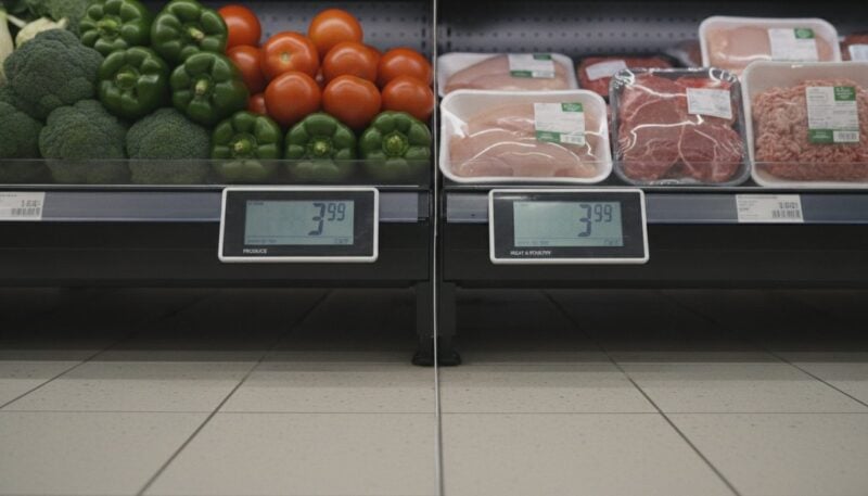 Preisschilder in einem Supermarkt, guenstiges Fleisch neben teurerem Gemuese