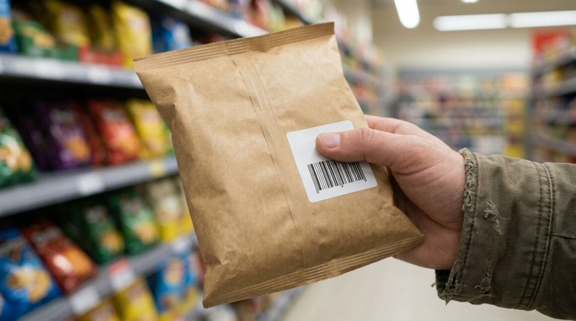 Hand hält eine Snack-Packung und prüft den Barcode auf der Rückseite