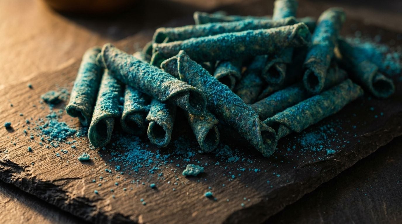 Blau bestäubte gerollte Tortilla-Chips auf dunklem Schieferuntergrund