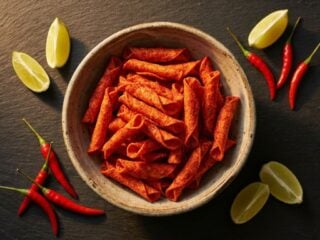 Rote gerollte Tortilla-Chips in einer Schale, daneben Limetten und Chilis auf dunklem Untergrund