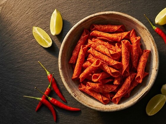 Rote gerollte Tortilla-Chips in einer Schale, daneben Limetten und Chilis auf dunklem Untergrund