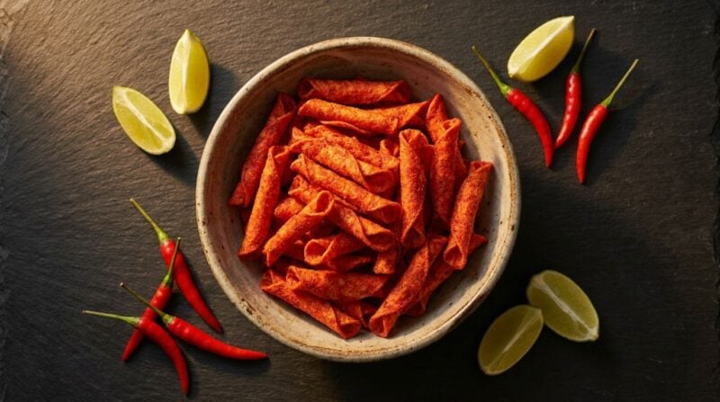 Rote gerollte Tortilla-Chips in einer Schale, daneben Limetten und Chilis auf dunklem Untergrund