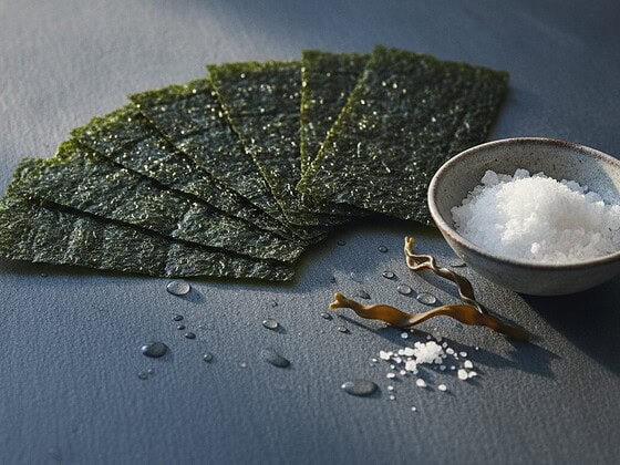 Nori-Blätter, jodiertes Speisesalz und getrockneter Kelp auf einer Schieferplatte