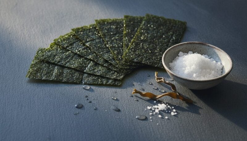 Nori-Blätter, jodiertes Speisesalz und getrockneter Kelp auf einer Schieferplatte