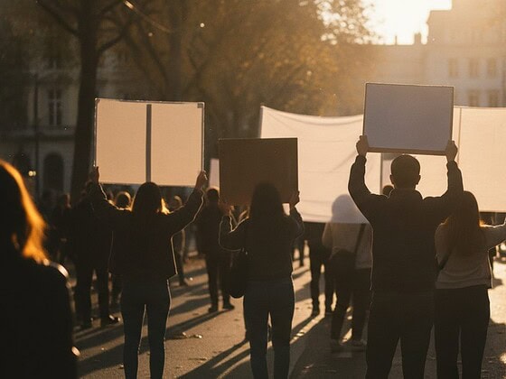 Menschen auf einer Klima- und Tierrechtsdemonstration bei Abendlicht, von hinten fotografiert