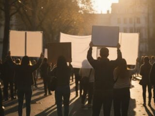People at a climate and animal-rights demonstration in evening light, photographed from behind