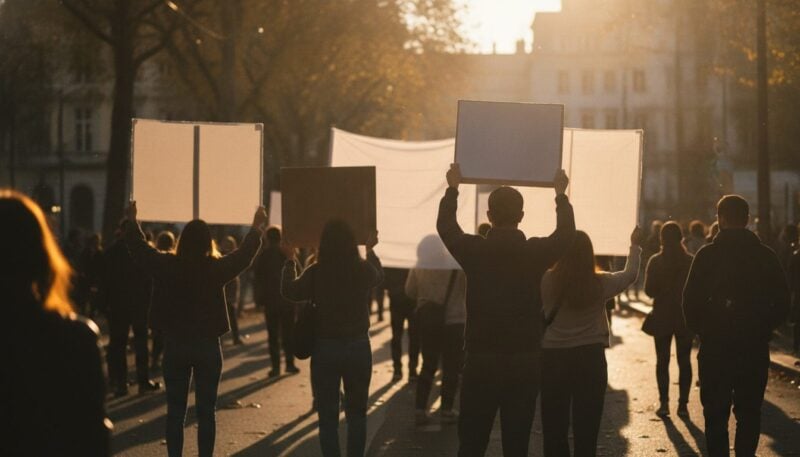 People at a climate and animal-rights demonstration in evening light, photographed from behind