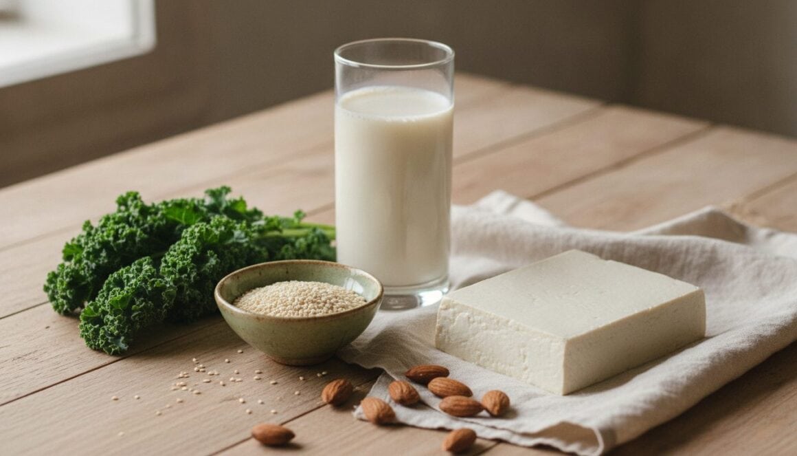 Pflanzliche Calciumquellen auf einem Holztisch: Pflanzendrink, Grünkohl, Sesam, Mandeln und Tofu
