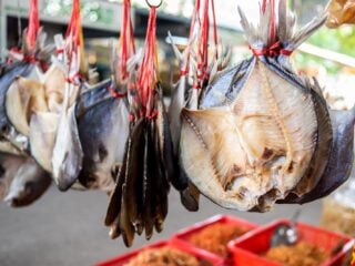 Getrocknete Fische hängen dicht an dicht in einem Geschäft für Meeresprodukte
