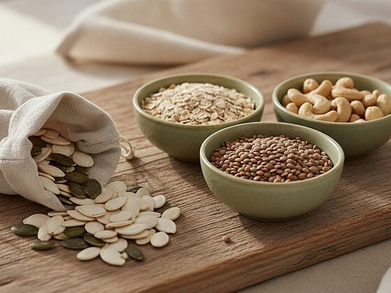 Kürbiskerne, Haferflocken, Linsen und Cashewkerne als pflanzliche Zinkquellen