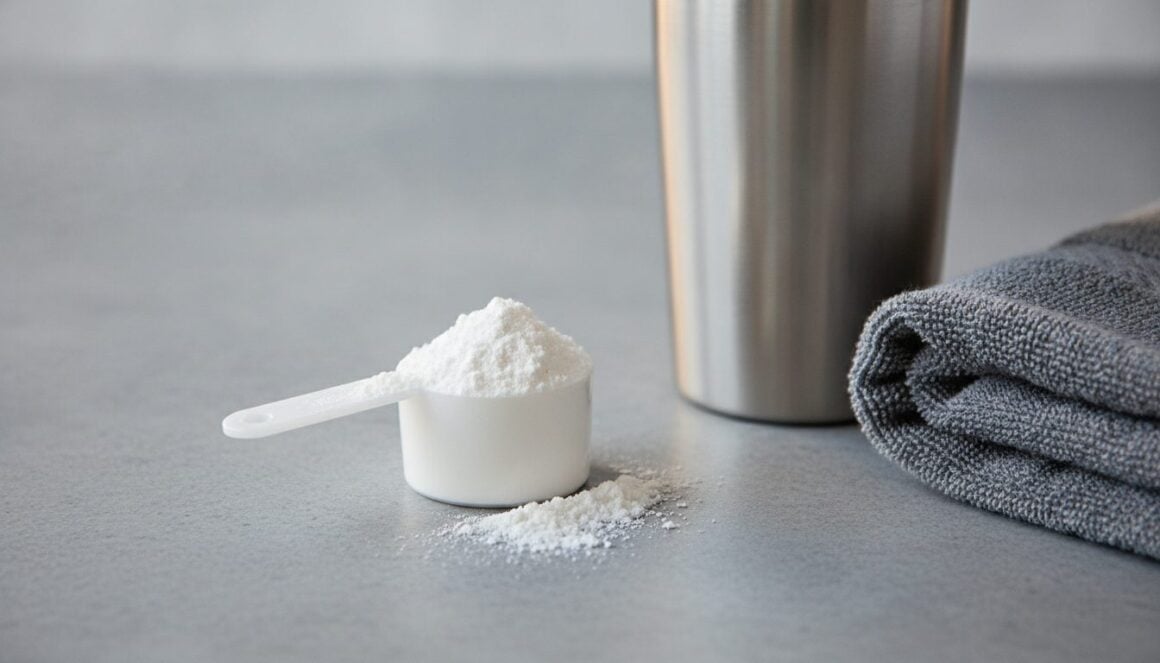 Messlöffel mit Kreatin-Monohydrat-Pulver neben einem Shaker auf einer Steinfläche