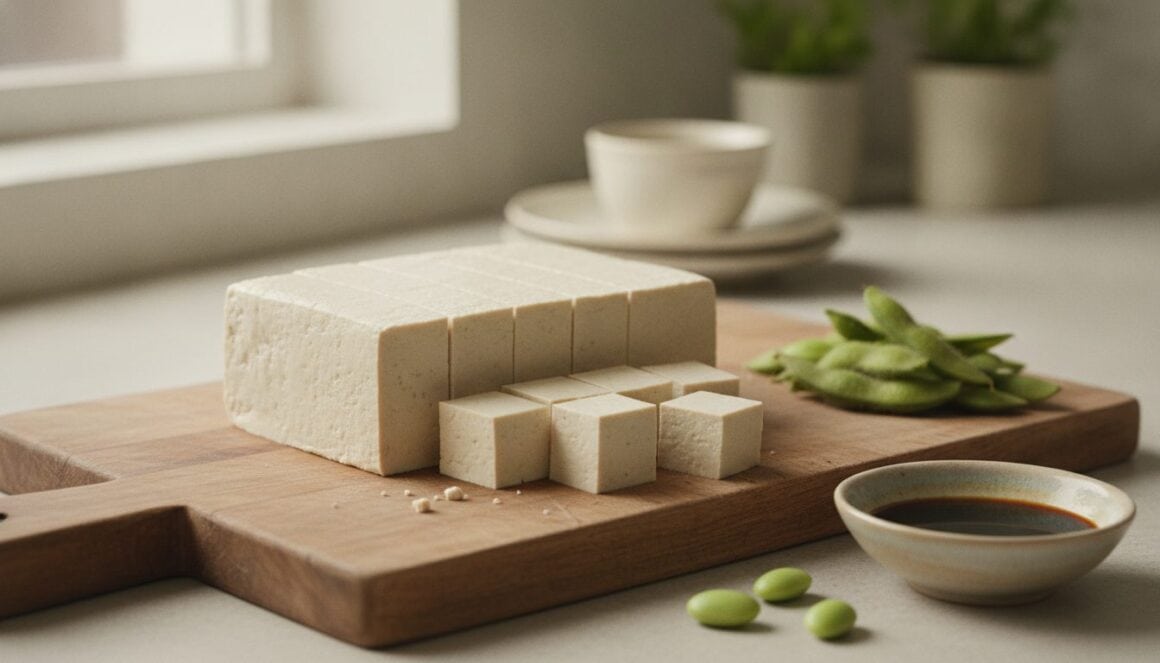 Frischer Naturtofu auf einem Holzbrett, teilweise gewürfelt, mit Sojabohnen daneben