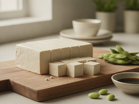 Frischer Naturtofu auf einem Holzbrett, teilweise gewürfelt, mit Sojabohnen daneben