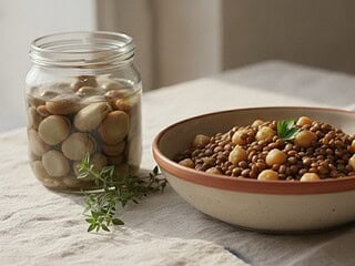 Schale mit gekochten Linsen und Kichererbsen neben einem Einweichglas mit Bohnen