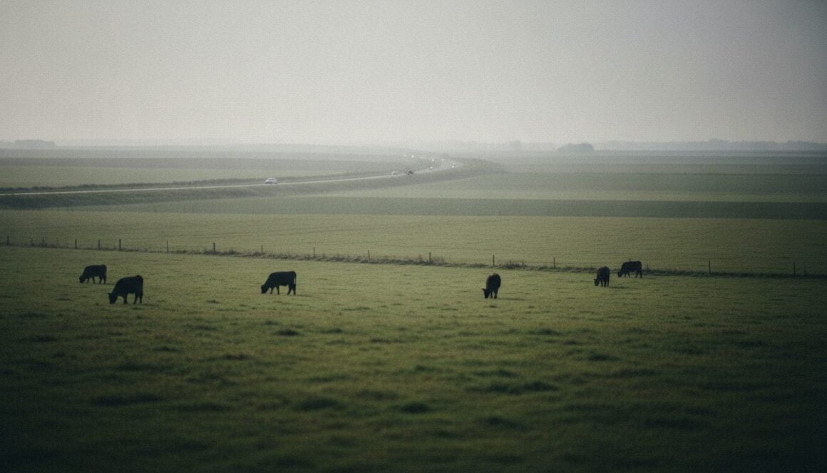 Weidelandschaft mit grasenden Kühen und einer Straße am Horizont