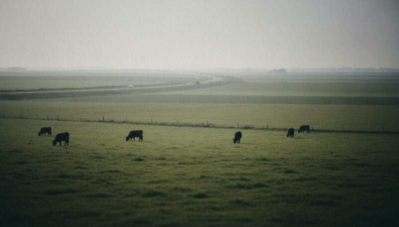 Weidelandschaft mit grasenden Kühen und einer Straße am Horizont