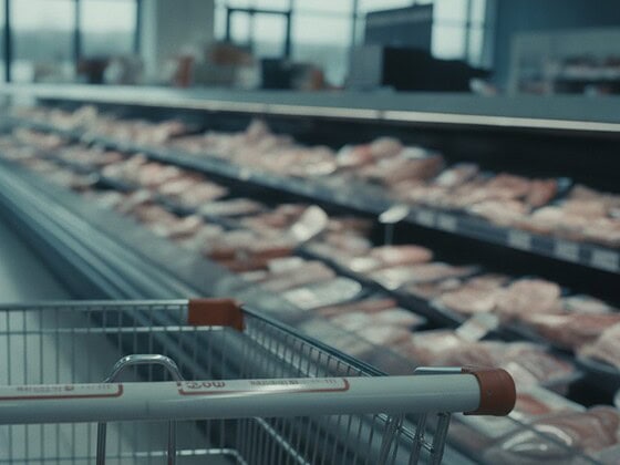 Blick auf eine Fleischtheke im Supermarkt aus Kundenperspektive