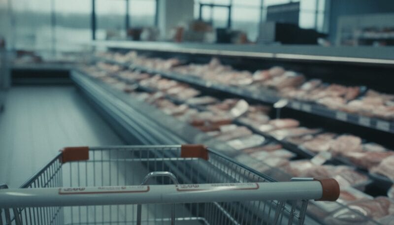 Blick auf eine Fleischtheke im Supermarkt aus Kundenperspektive