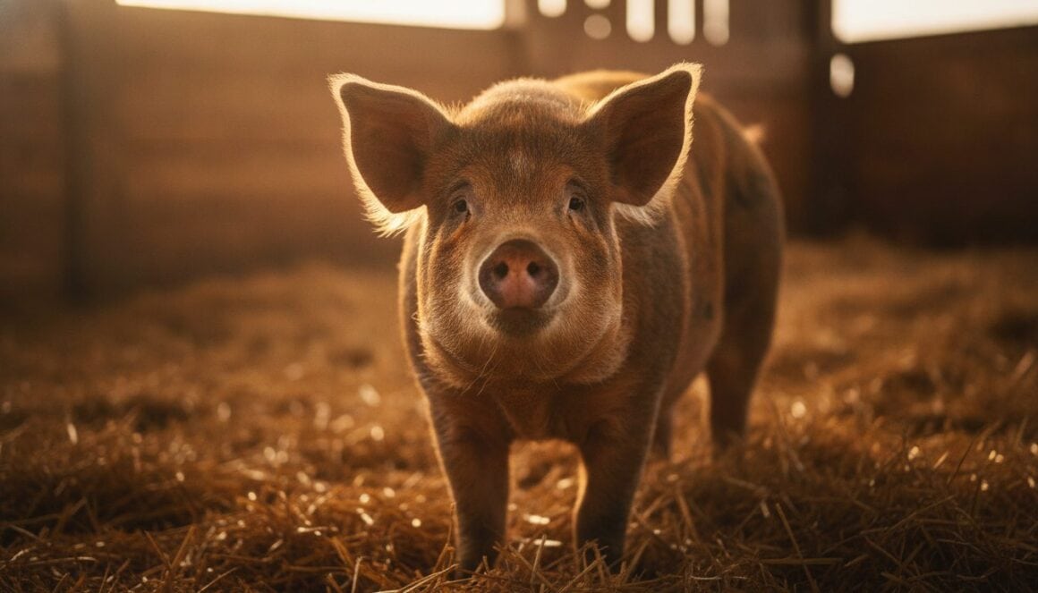 Ein Schwein steht in einem Stall mit Stroh und blickt ruhig in die Kamera