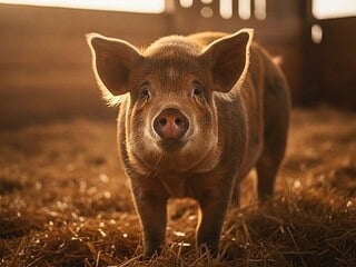Ein Schwein steht in einem Stall mit Stroh und blickt ruhig in die Kamera
