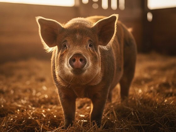 Ein Schwein steht in einem Stall mit Stroh und blickt ruhig in die Kamera
