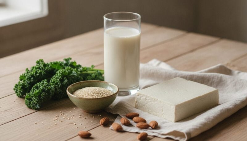 Pflanzliche Calciumquellen auf einem Holztisch: Pflanzendrink, Grünkohl, Sesam, Mandeln und Tofu