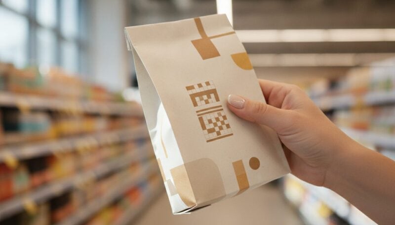 Hand hält eine Lebensmittelverpackung und liest die Zutatenliste im Supermarkt