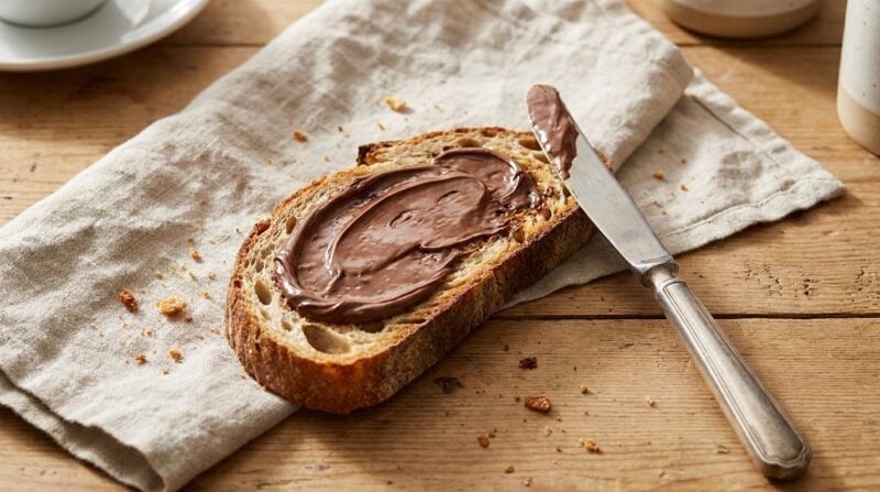 Toast mit Schokocreme und Messer auf einem Frühstückstisch im Morgenlicht