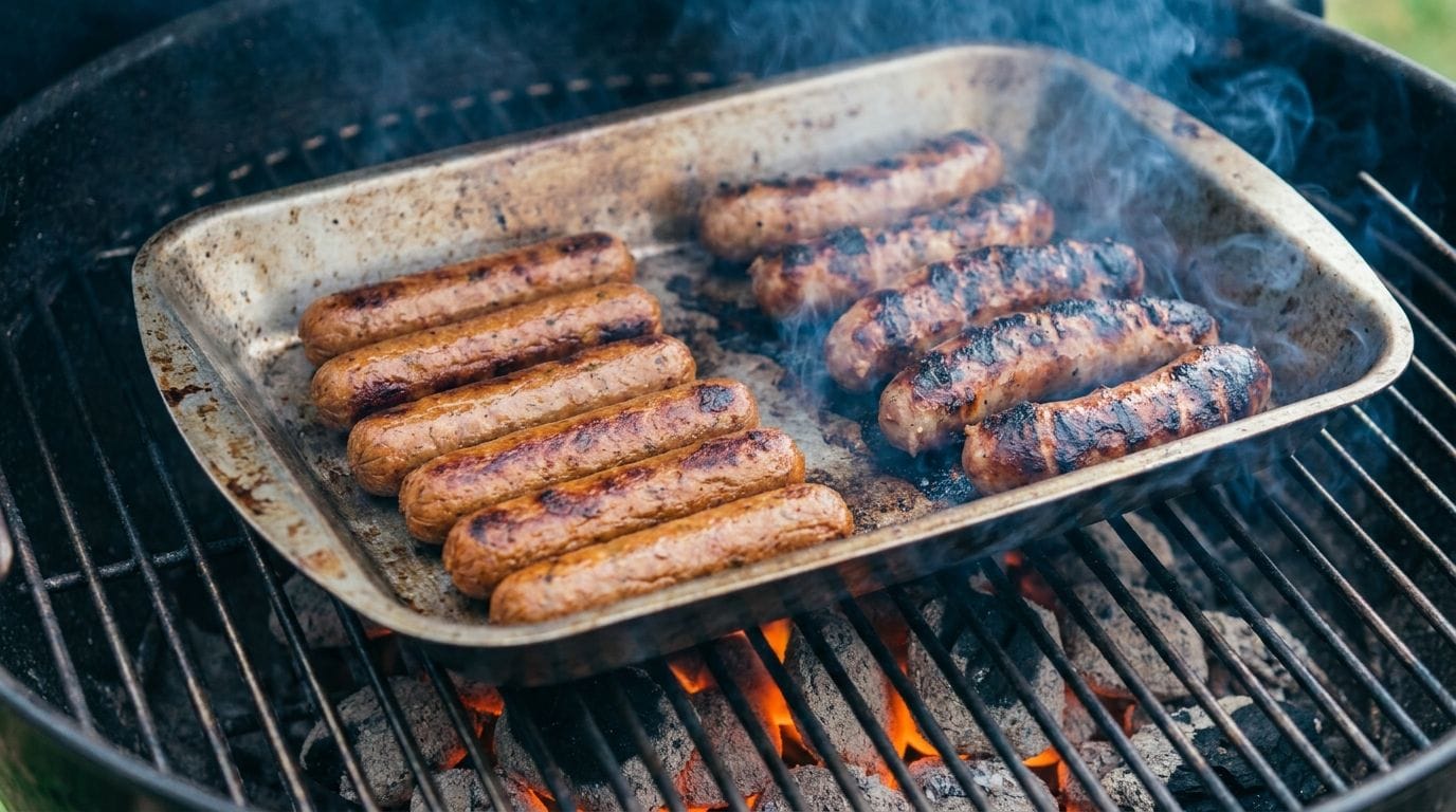 Grillschale mit veganen Würstchen neben Fleisch auf einem geteilten Grillrost