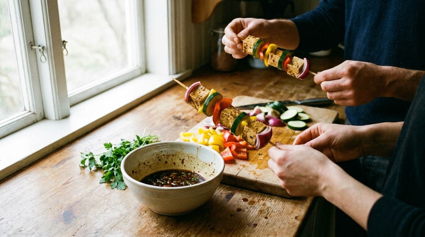 Marinierte vegane Spieße werden in der Küche für die Grillparty vorbereitet