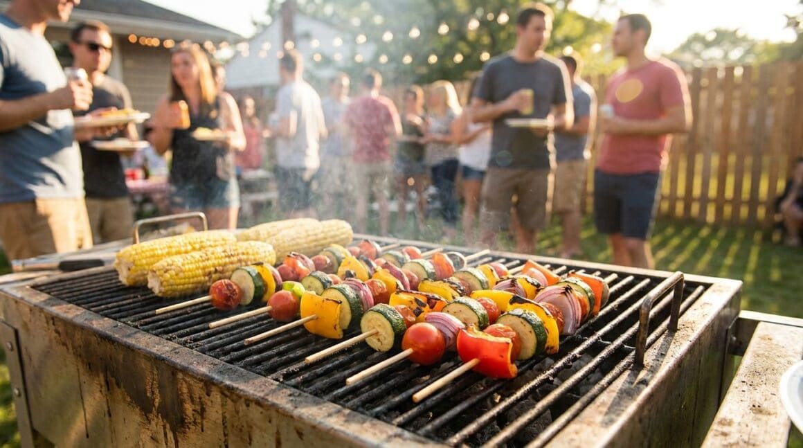 Vegane Gemüsespieße und Maiskolben auf dem Grillrost im Abendlicht auf einer Grillparty