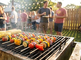 Vegane Gemüsespieße und Maiskolben auf dem Grillrost im Abendlicht auf einer Grillparty