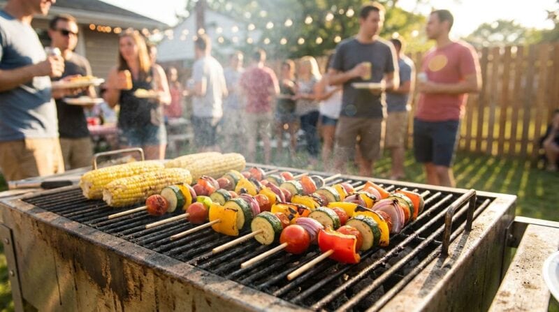 Vegane Gemüsespieße und Maiskolben auf dem Grillrost im Abendlicht auf einer Grillparty