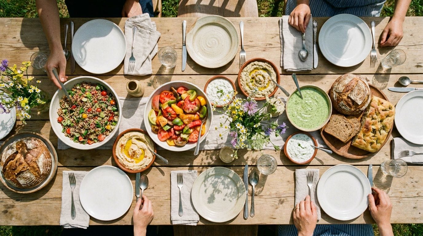 Gartenparty-Tafel von oben mit veganen Salaten, Broten und Dips