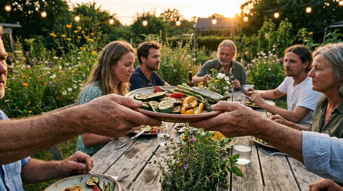 Hände reichen einen Teller mit veganem Grillgut über einen Gartentisch am Sommerabend